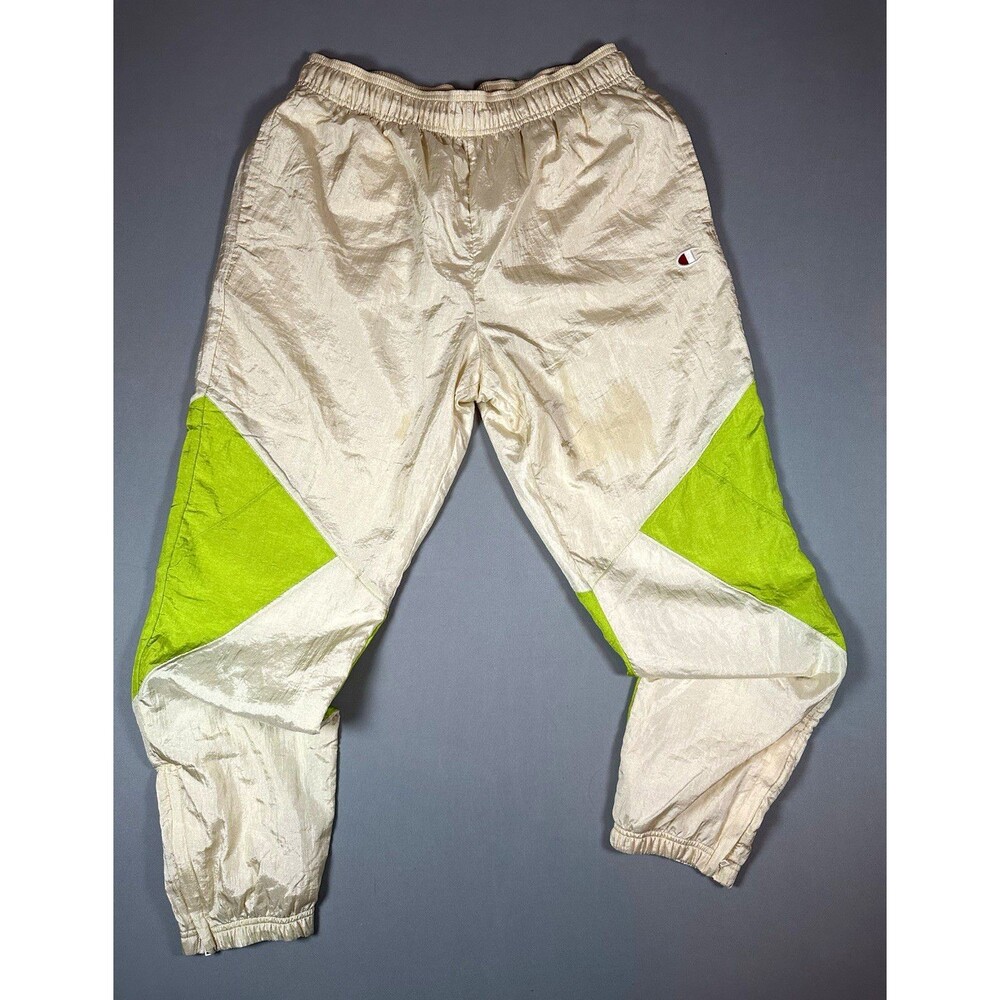 Champion Nylon Windbreaker Pants Mens L Cream Lime Colorblock Track